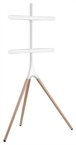 Tripod Easel TV Stand, Fits Screens 43”- 65”, Wooden Legs, 180° Swivel – White/Walnut