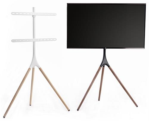 Tripod Easel TV Stand, Fits Screens 43”- 65”, Wooden Legs, 180° Swivel – White/Walnut - Image 2