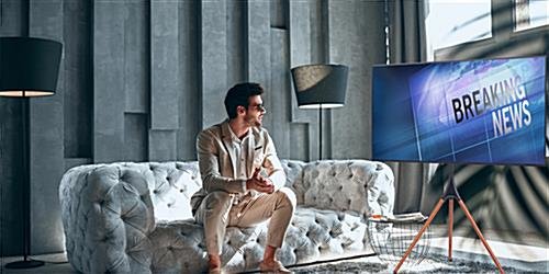 Tripod Easel TV Stand, Fits Screens 43”- 65”, Wooden Legs, 180° Swivel – White/Walnut - Image 3