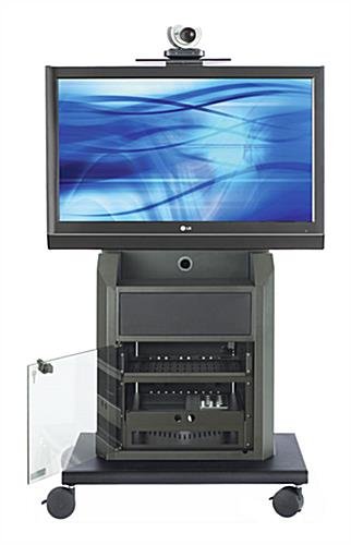 TV Cart with Mount for Monitors 55", Storage Cabinet, Camera Shelf - Black - Image 3