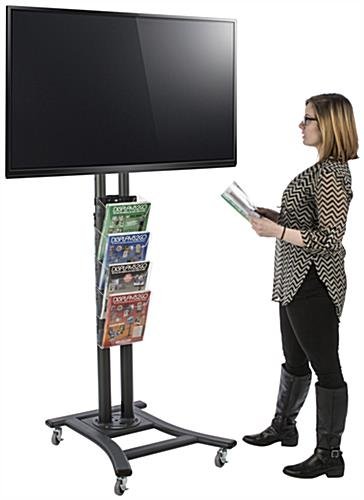 TV Stand w/ Wheels & 4 Pocket Literature Rack, For 32”-65”, Height Adjustable - Black - Image 5
