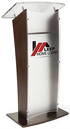 Wood Podium w/ Frosted Acrylic Front Panel, UV Printed Custom Graphics - Mahogany