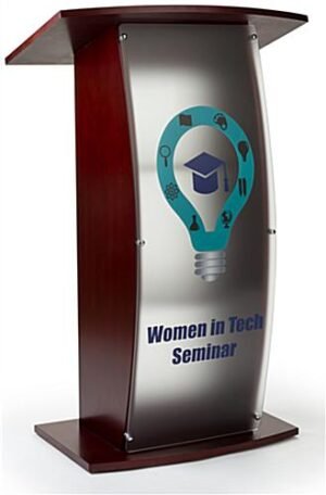 Workshop Series 43.5" Floor Podium, Custom Printed Opaque Acrylic Panel - Mahogany