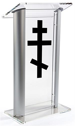 Workshop Series Acrylic Podium, Aluminum Sides, Orthodox Cross – Clear & Silver
