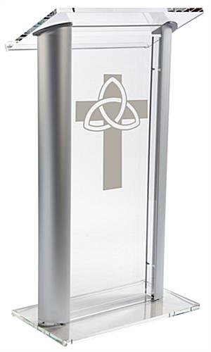 Workshop Series Acrylic Podium, Aluminum Sides, Trinity Cross – Clear & Silver