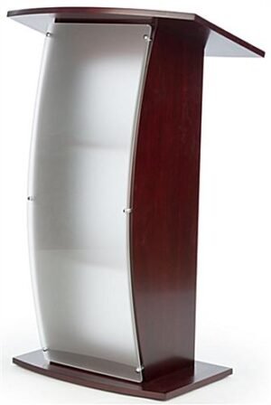 Workshop Series Floor Podium, Curved Frosted Acrylic Panel, 43.5"h - Red Mahogany