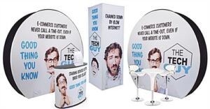 10x20 Trade Show Booth Kit w/ Counter, Table, Bar Stools, Tower & 2 Backdrops