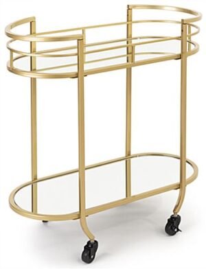 29 x 29 Metal Bar Cart w/ Oval Shape, 2-Tiered Shelving, Caster Wheels - Gold
