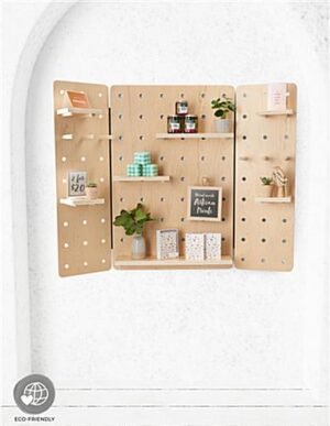 47 x 36 Pegboard Shelving Display, Wall Mounting, Three Panel Design - Natural