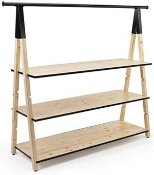 72” x 51” Wooden A-Frame Clothing Rack, Adjustable Shelves, Metal Piping - Natural