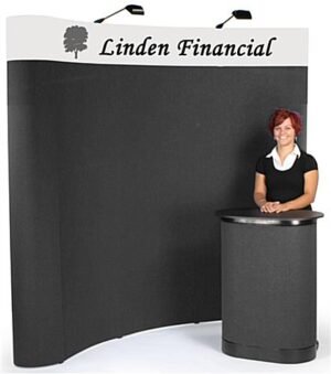 8' Curved Pop Up Display w/ Custom Header, 2 Spotlights & Portable Counter - Black