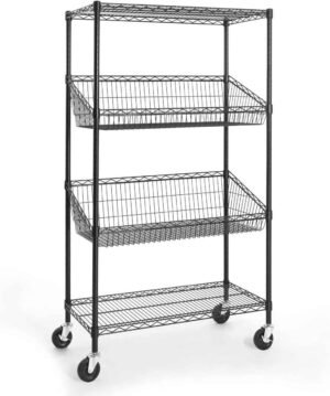 NSF Commercial Heavy Duty 4 Tier Wire Shelving with Two Trapezoid Baskets, Wheels, Leveling Feet, Black 18"D x 36"W x 64"H