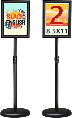 2Packs Adjustable floor standing poster stand, vertical and horizontal display sign stand, with heavy-duty base, aluminum alloy opening and closing frame (8.5 x 11 black)